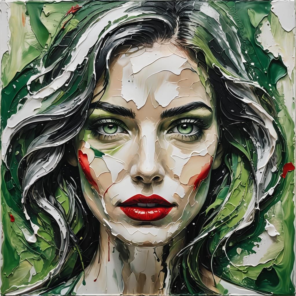 Monochrome Portrait with Flowing Impasto and Red Lips