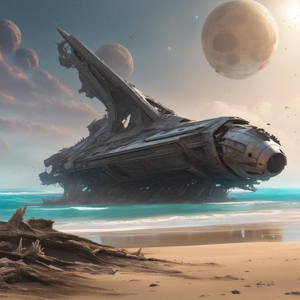 Wreckage of Ancient Starship on Alien World