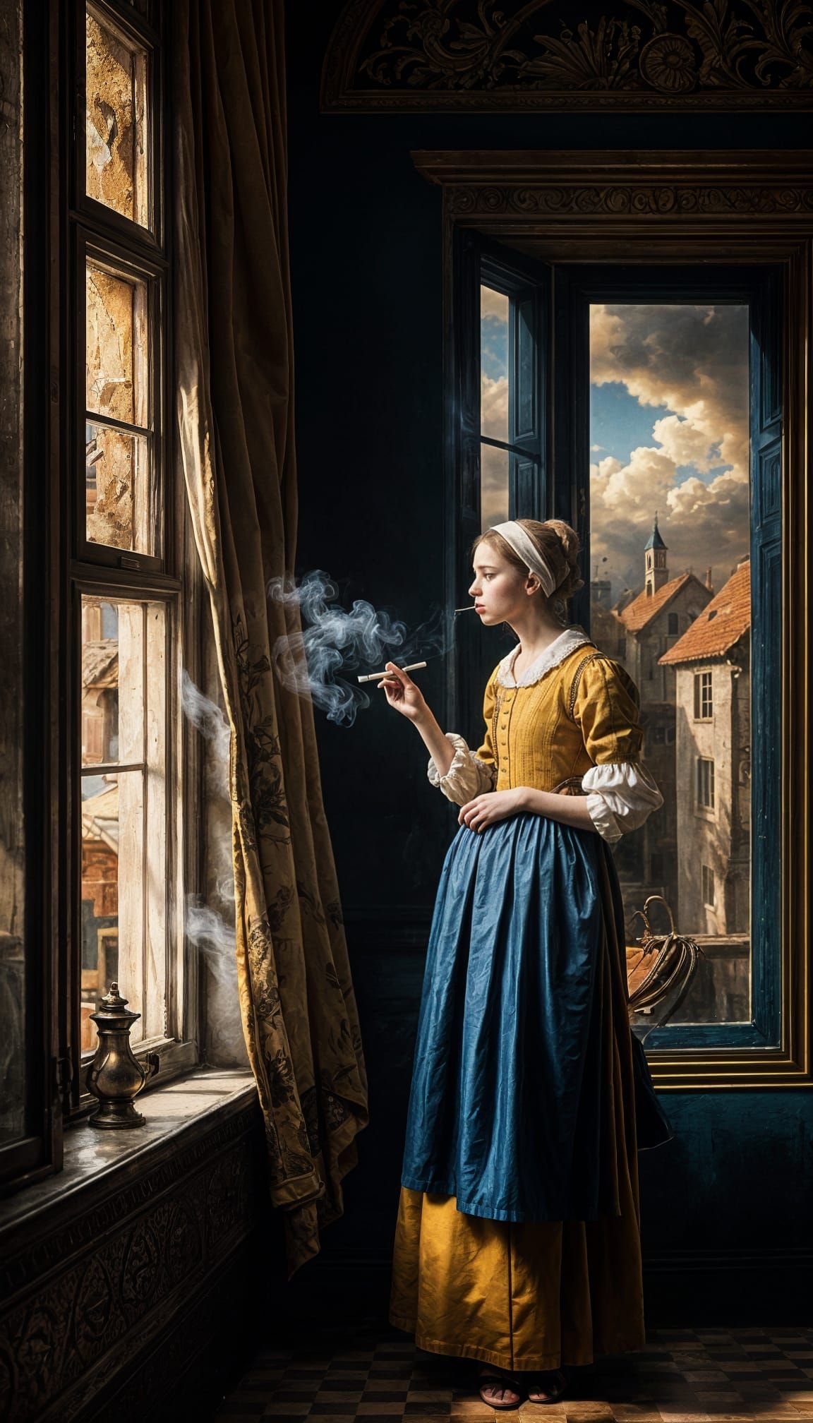 Vermeer-Inspired Girl Smokes at Open Window