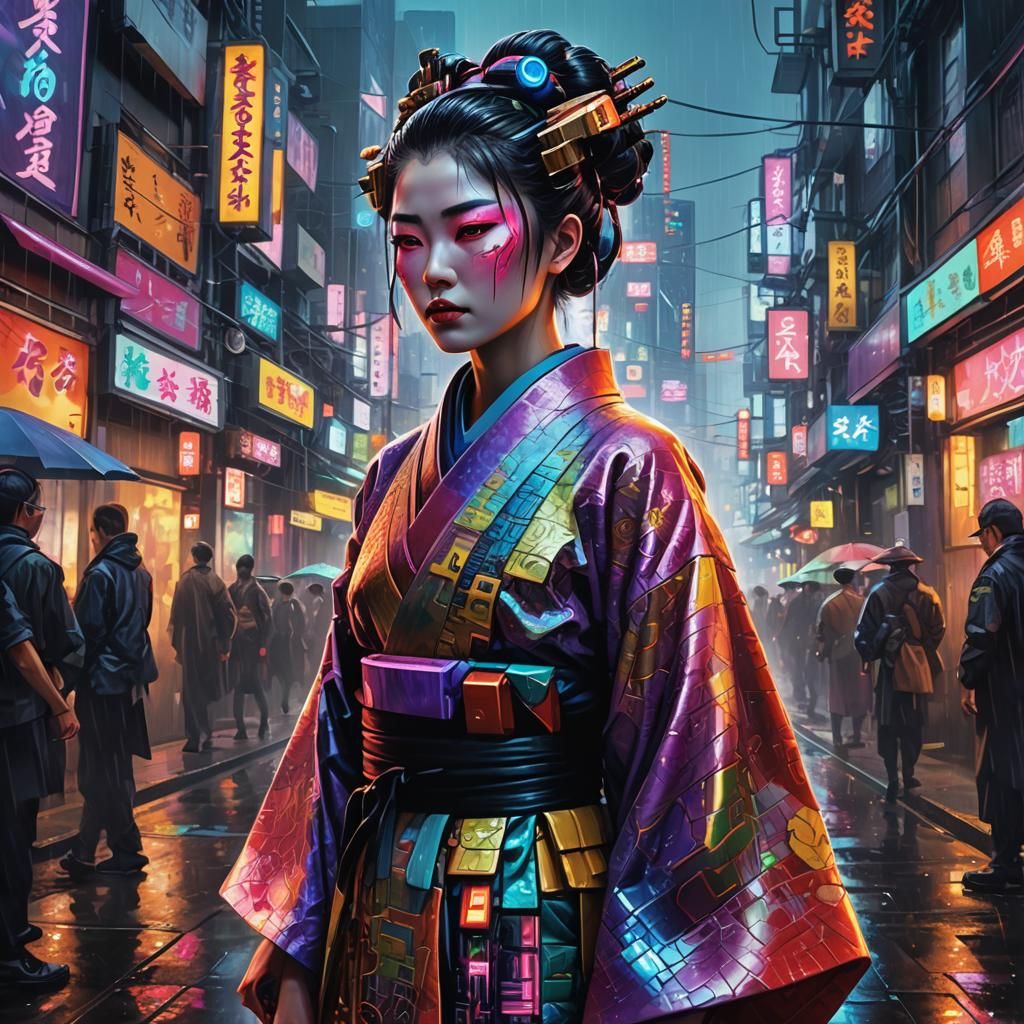 Cyberpunk Geisha in Neon Cityscape