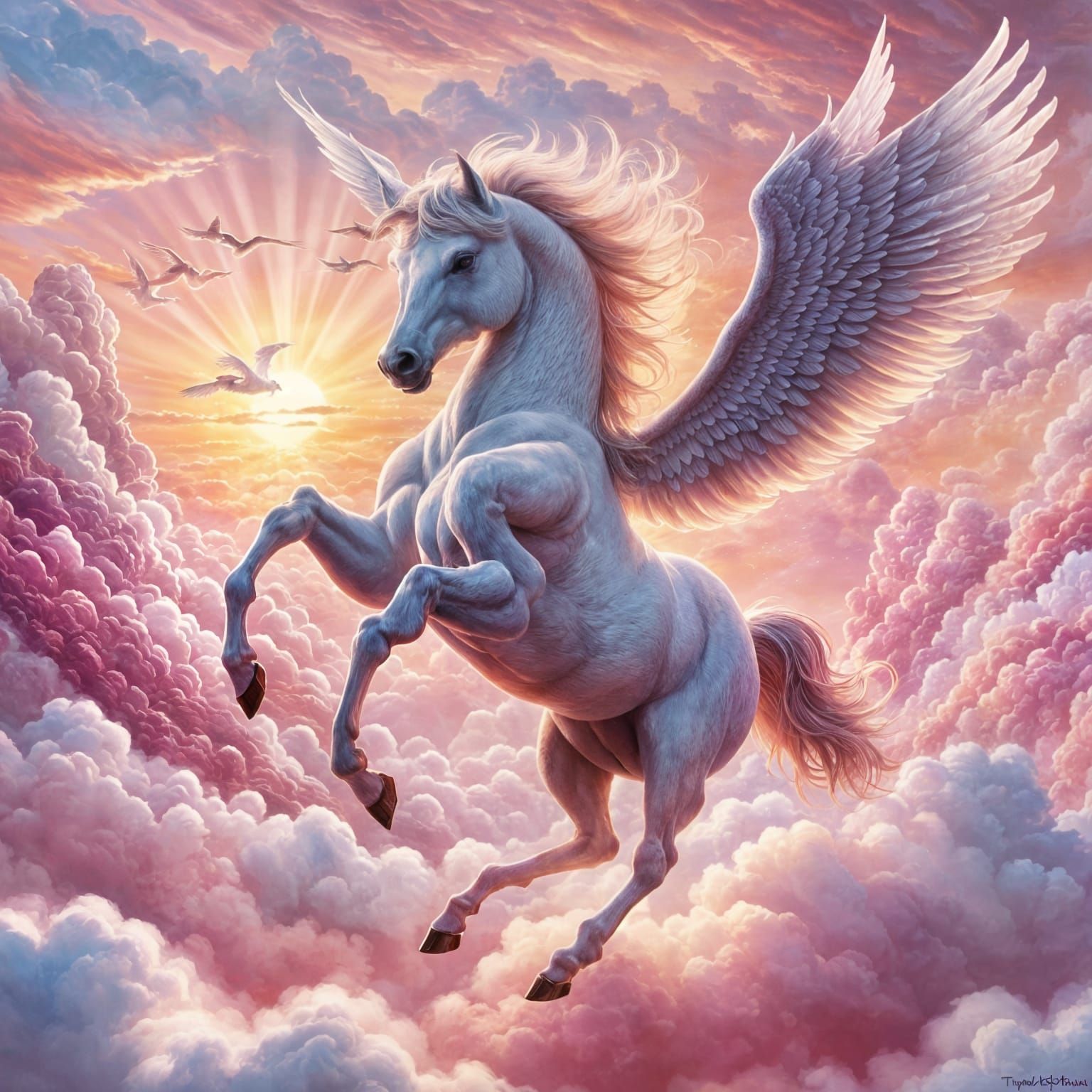 Ethereal Pegasus Flight into Sunset, Fantasy Art