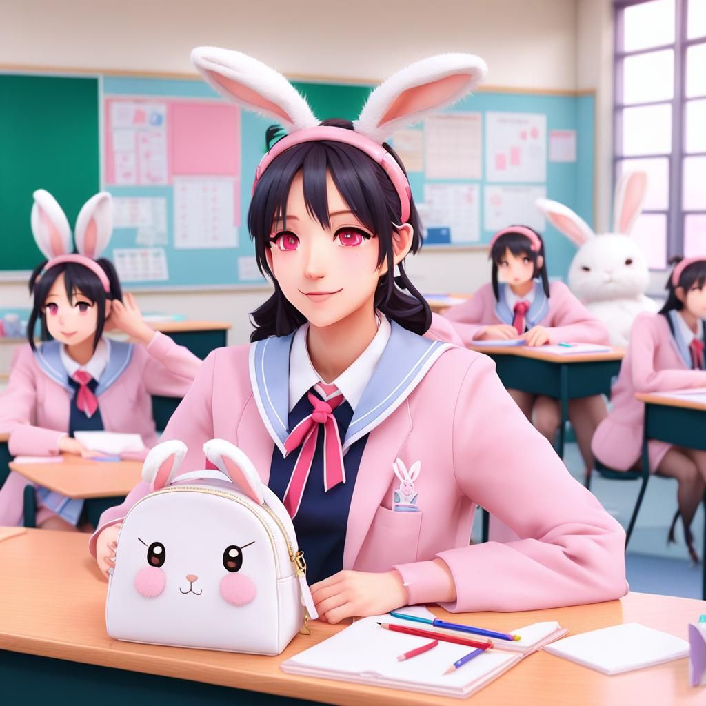 Cute Anime Girl with Bunny Ears in Classroom