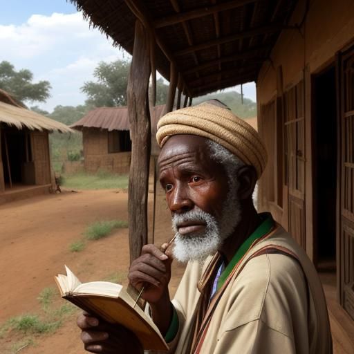 Contemplative African Man with Book on Verandah