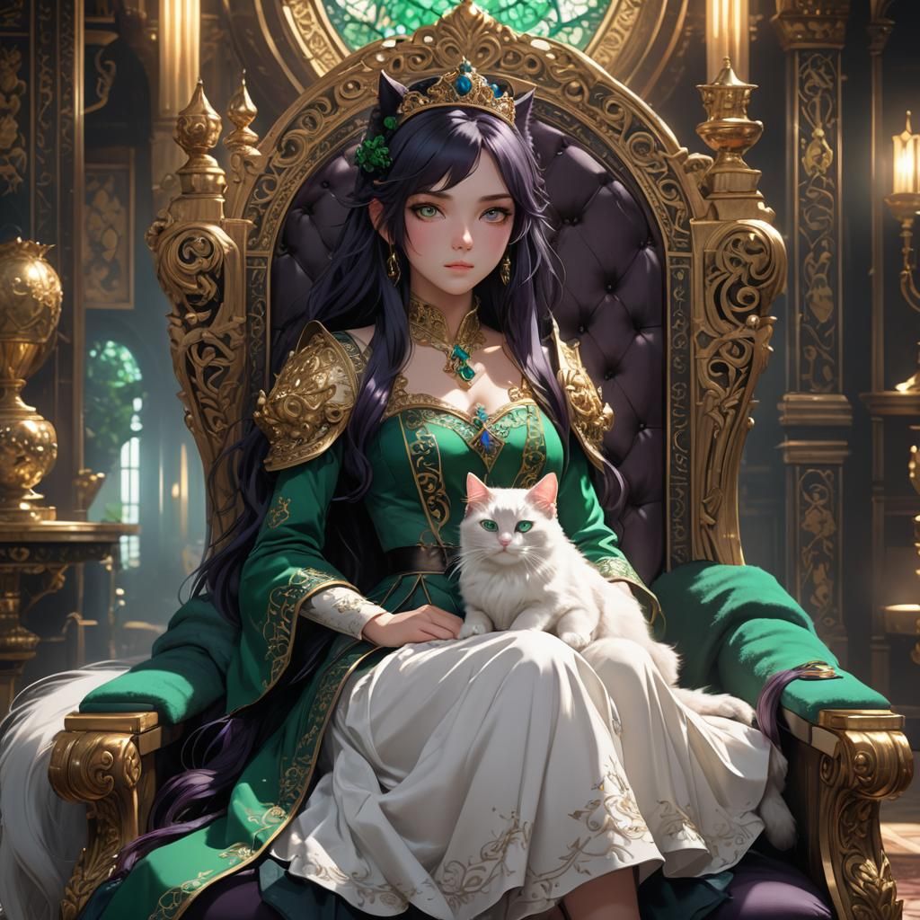Anime Princess with Cat in Royal Chamber
