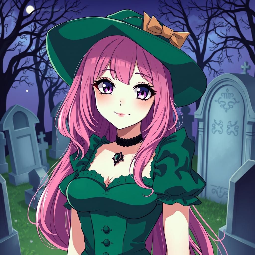 Pink-Haired Woman in Emerald Gothic Dress