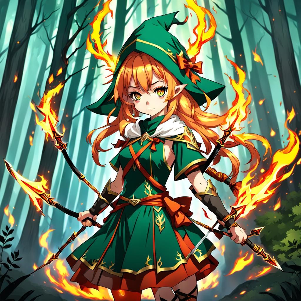 Anime Forest Wizard Girl with Fire Swords