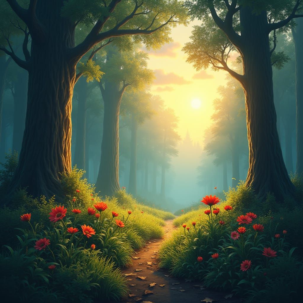 Enchanted Forest at Dawn with Wildflower, Fantasy Concept Ar...