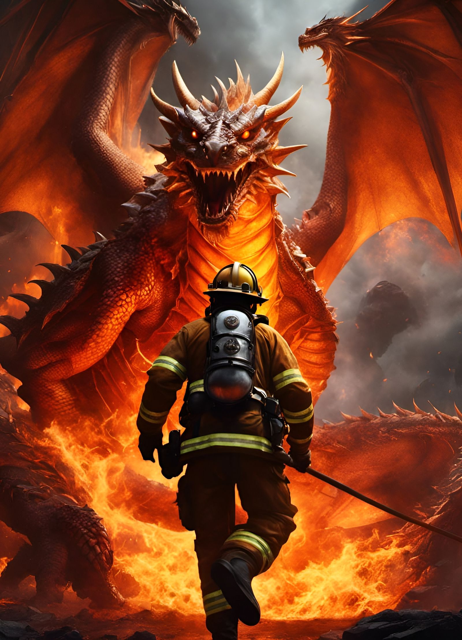 Firefighter Battles Dragon: Dark Fantasy Concept Art