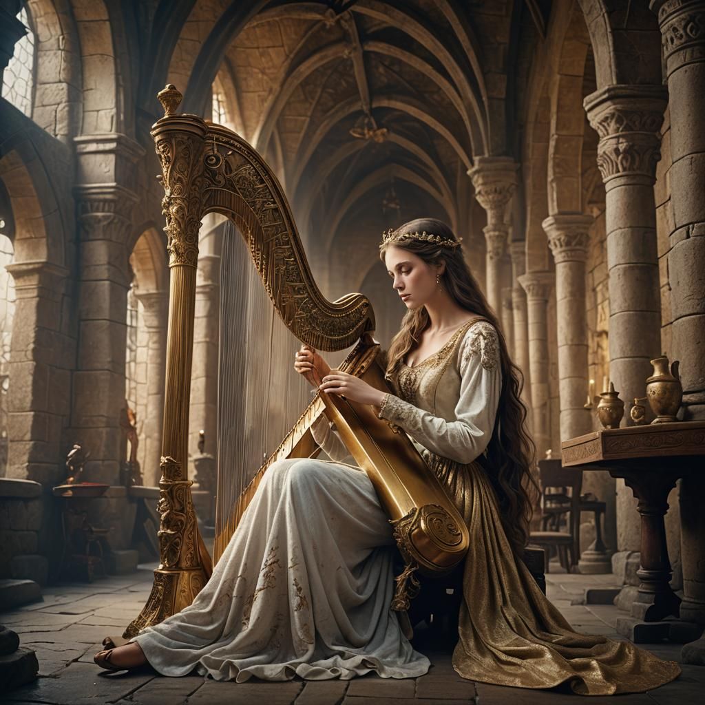Ethereal Maiden Plays Golden Harp in Castle Hall