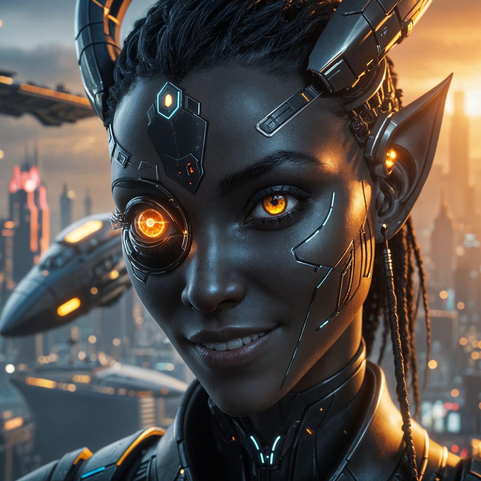 Cybernetic Elf Girl Portrait in Cyberpunk City