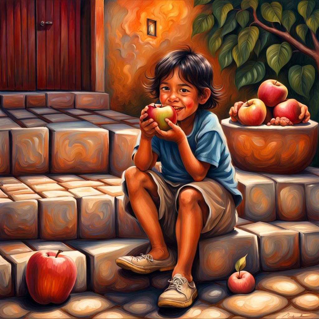 Happy Child with Apple in Chalk Drawing Style