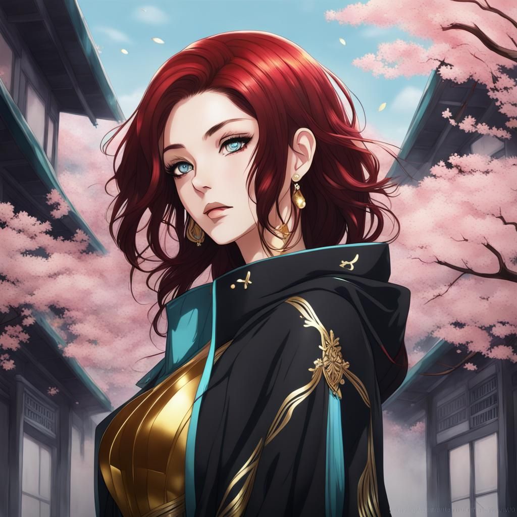 Anime Woman with Black Hair and Cherry Blossoms