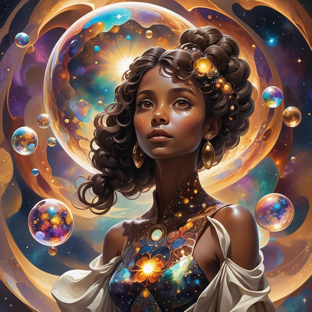 Woman in Bubble Universe: Vibrant Oil Painting