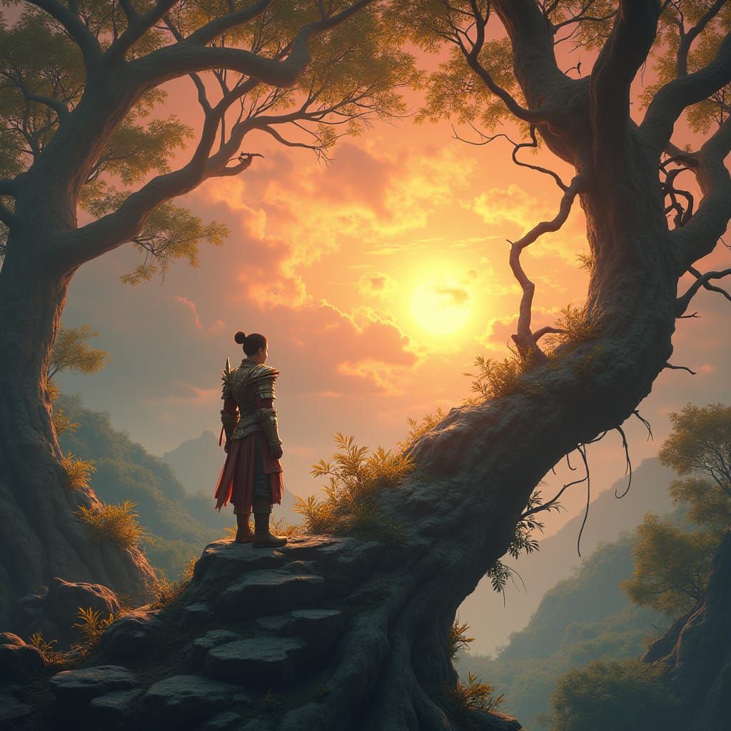 Mystical Warrior Amidst Ancient Vines and Fiery Skies