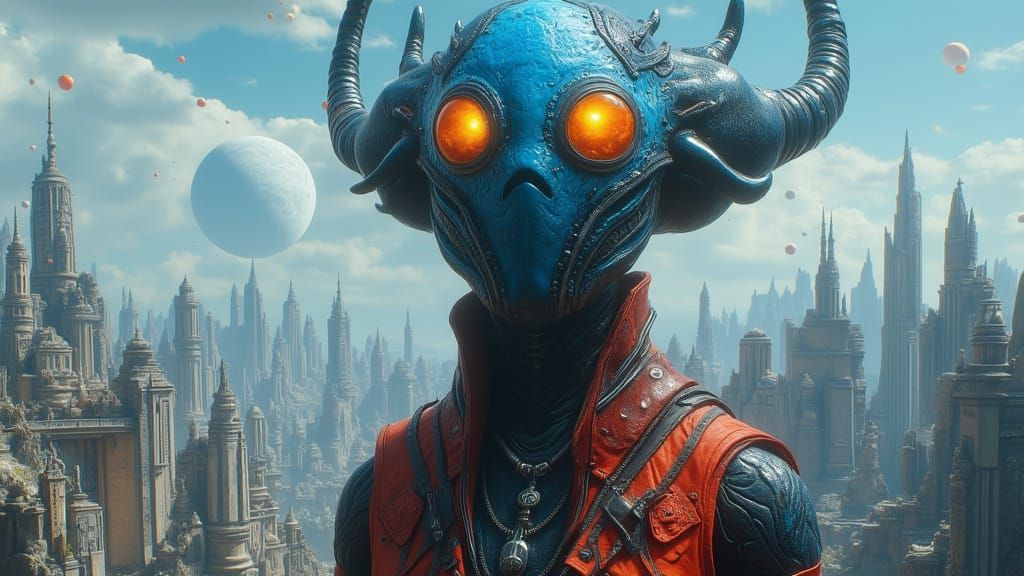 Humanoid Alien Portrait in Futuristic City with Two Moons