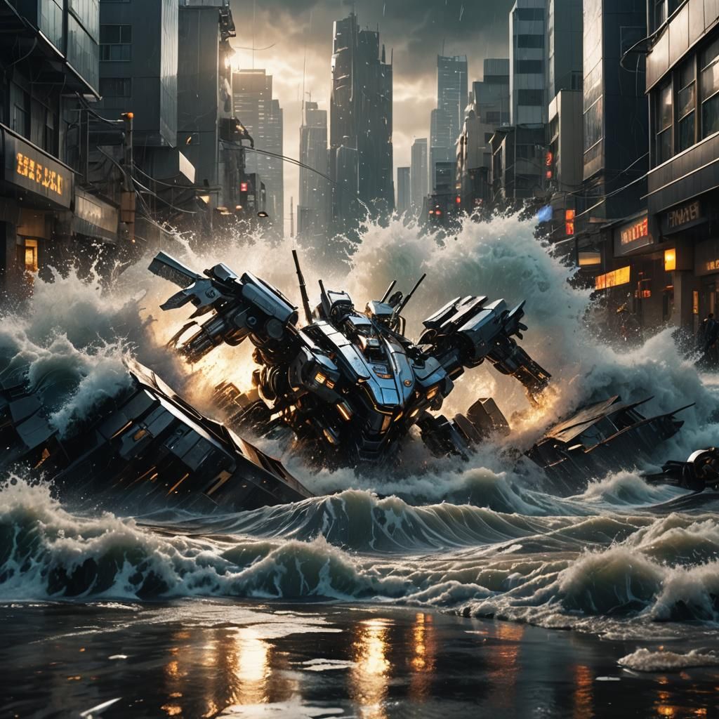 Futuristic City Engulfed by Tsunami Wave