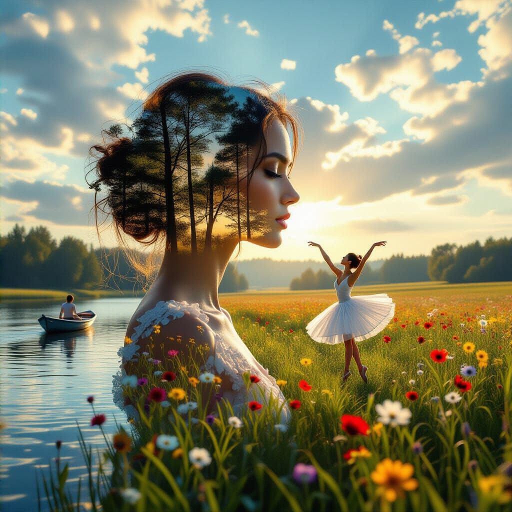 Surreal Double Exposure of Woman and Forest Landscape