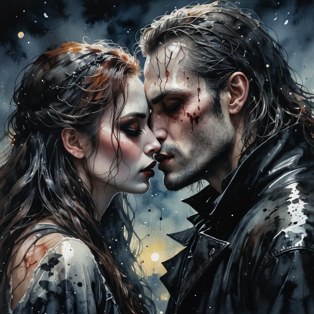Gothic Vampire Kiss in Dark Fantasy Style