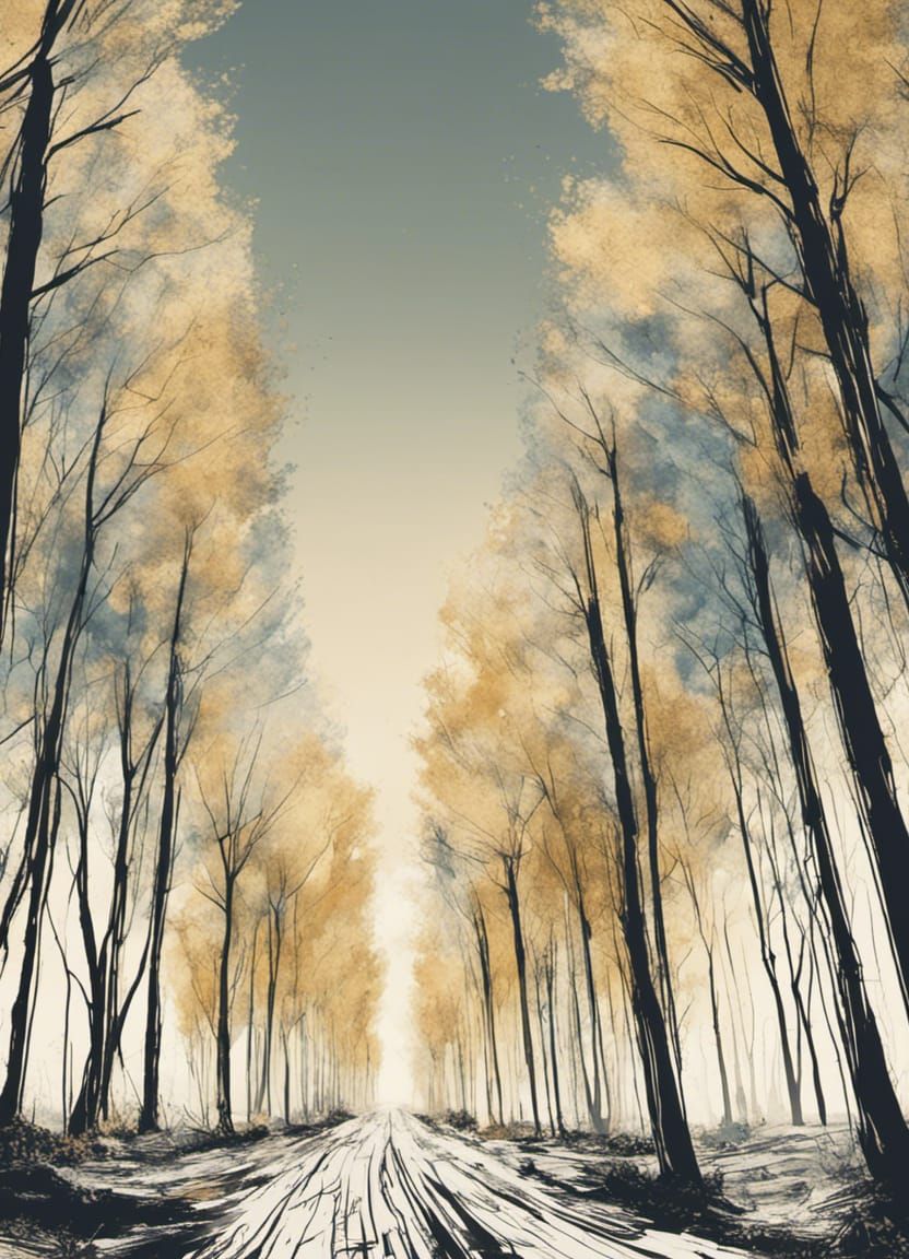 Neon Gold Ink Drawing of Birch Trees