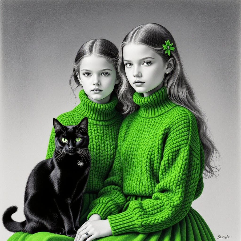 Monochrome Surreal Drawing: Girl and Cat Photoshoot