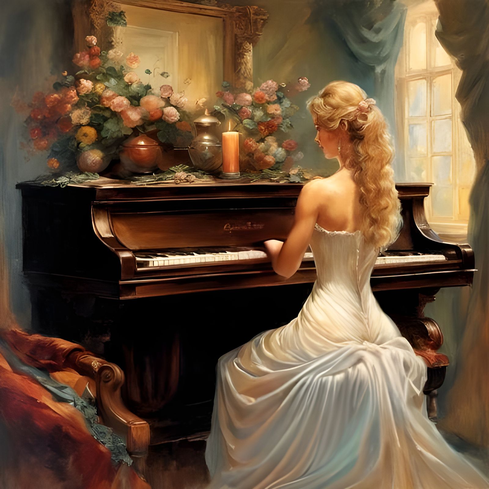 Elegant Girl Plays Piano: Retro Fantasy Illustration
