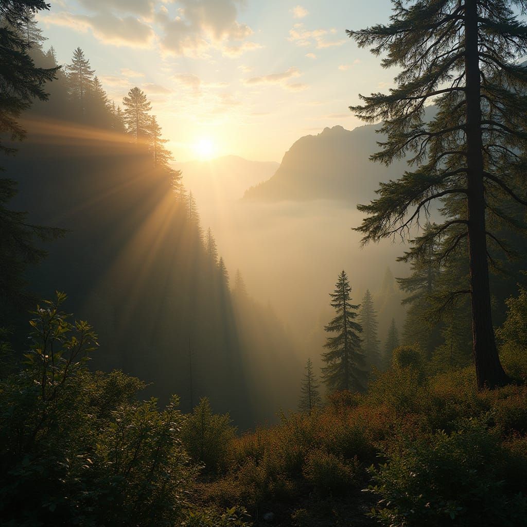 Misty Mountain Valley Sunrise: Photorealistic 8K Image