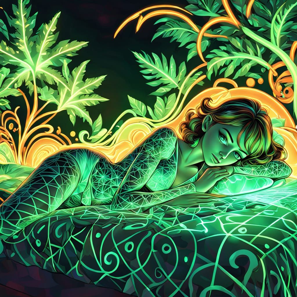 Abstract Fractal Art: Woman in Bed with Neon Lights