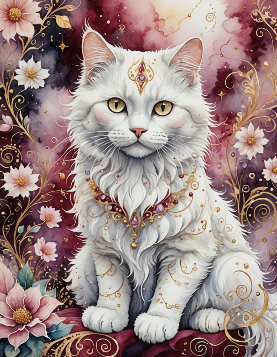 Surreal Watercolor: Fluffy Cat in Ethereal Mist