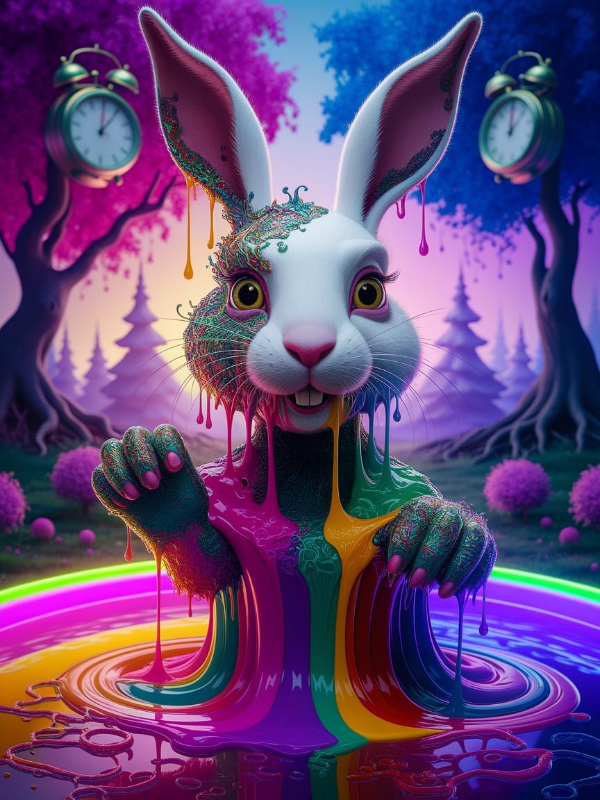 Surreal Psychedelic Melting of White Rabbit in Oil Painting ...