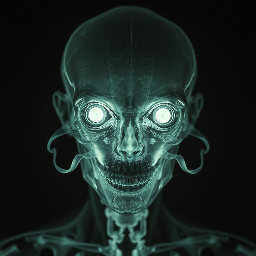 Intricate X-Ray Skull with Glowing Eyes