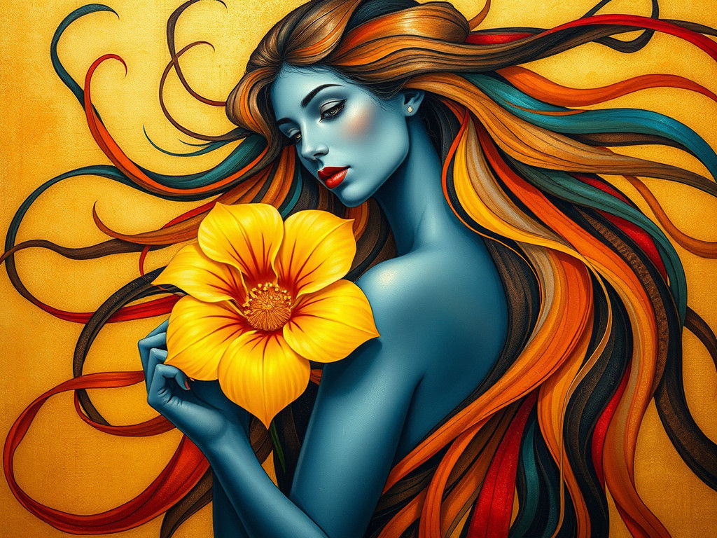 Elegant Woman with Yellow Flower in Art Nouveau Style