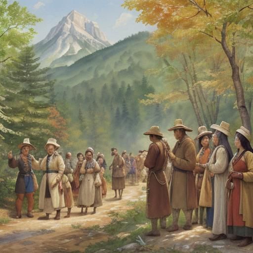Thanksgiving Feast: Pilgrims and Native Americans in Gouache...