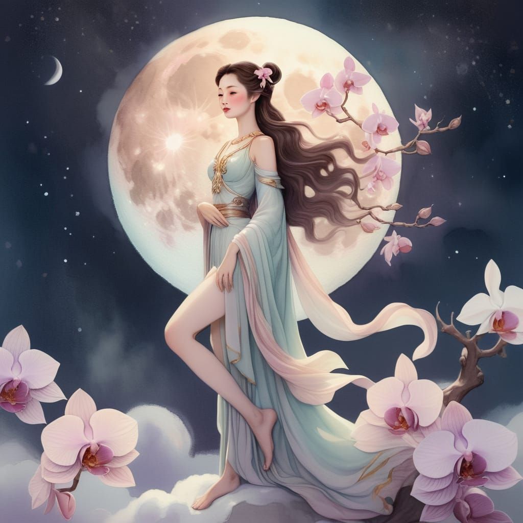 Chang'e on the Moon in Watercolor Style