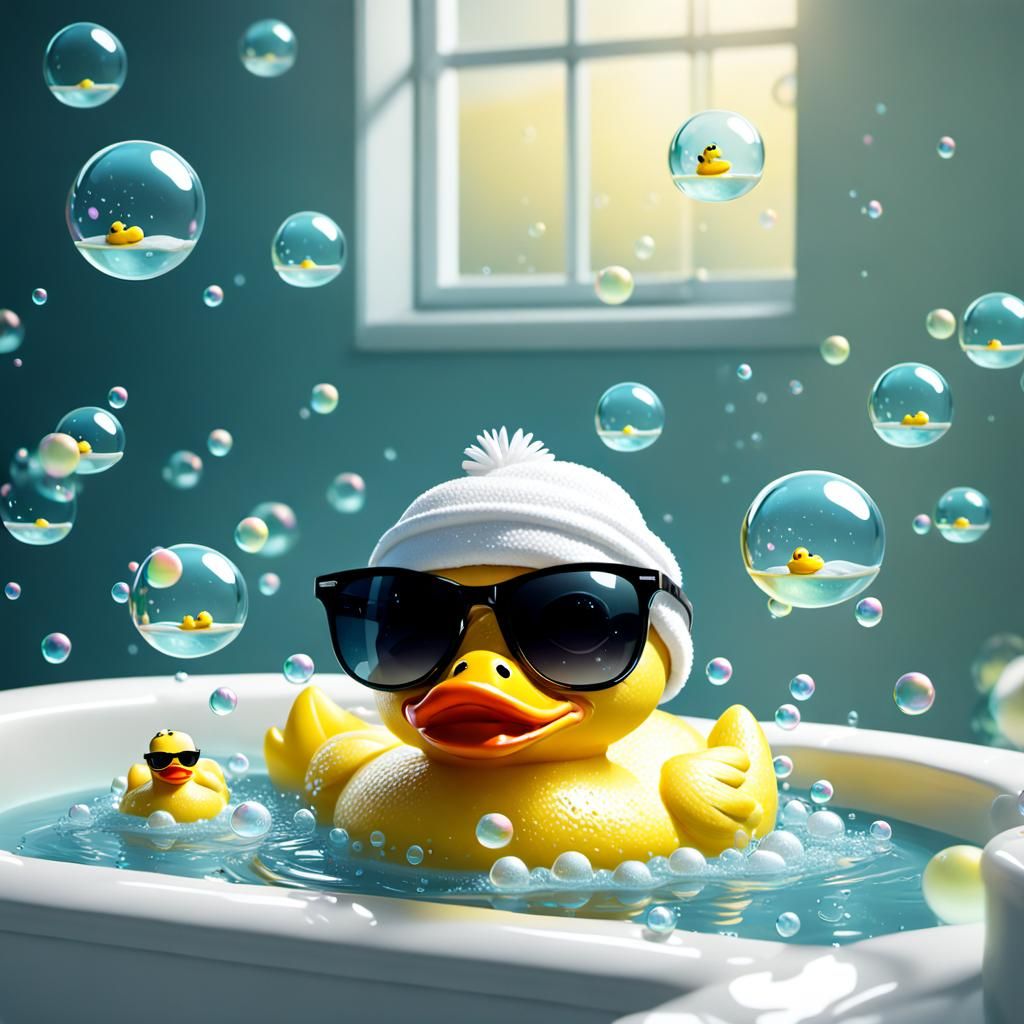 Rubber Ducky with Sunglasses in Bubble Bath
