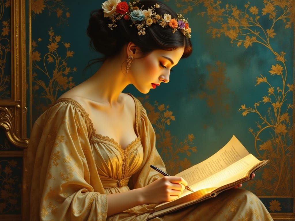 Woman Writing Letter in Fantasy Realism Style