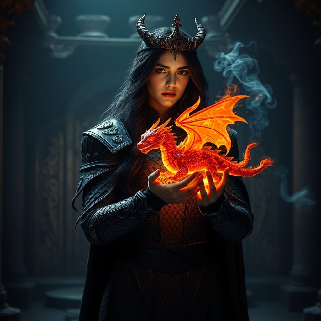 Sorceress with Fiery Dragon in Ancient Temple