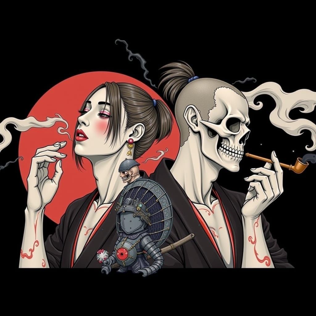 Contemplative Samurai with Skull in Moonlit Garden