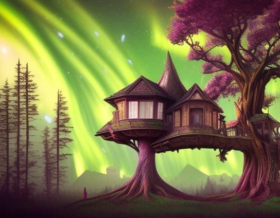 Fantastical Treehouse Mansion with Aurora and Floral Details