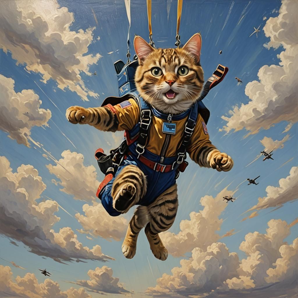 Skydiving Cat in Oil Painting Style
