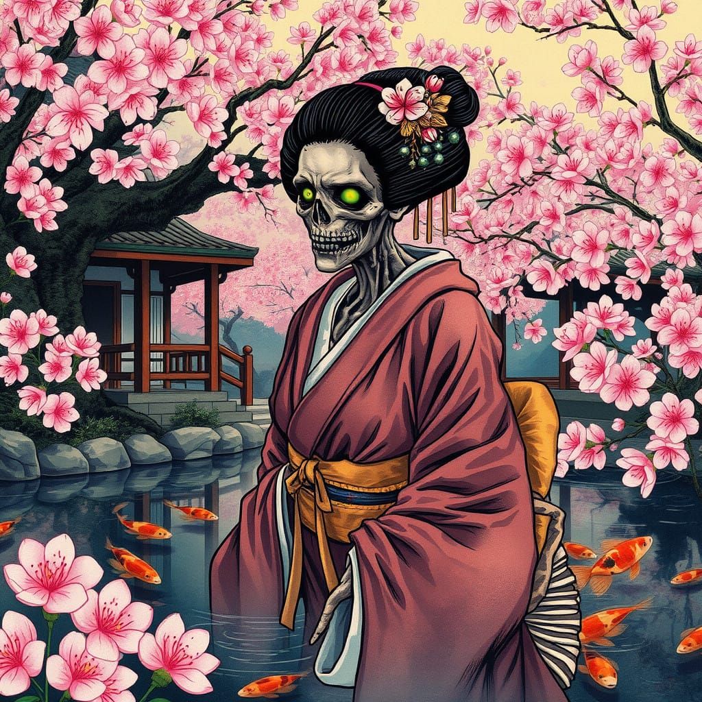 Undead Geisha Rises from Serene Japanese Garden