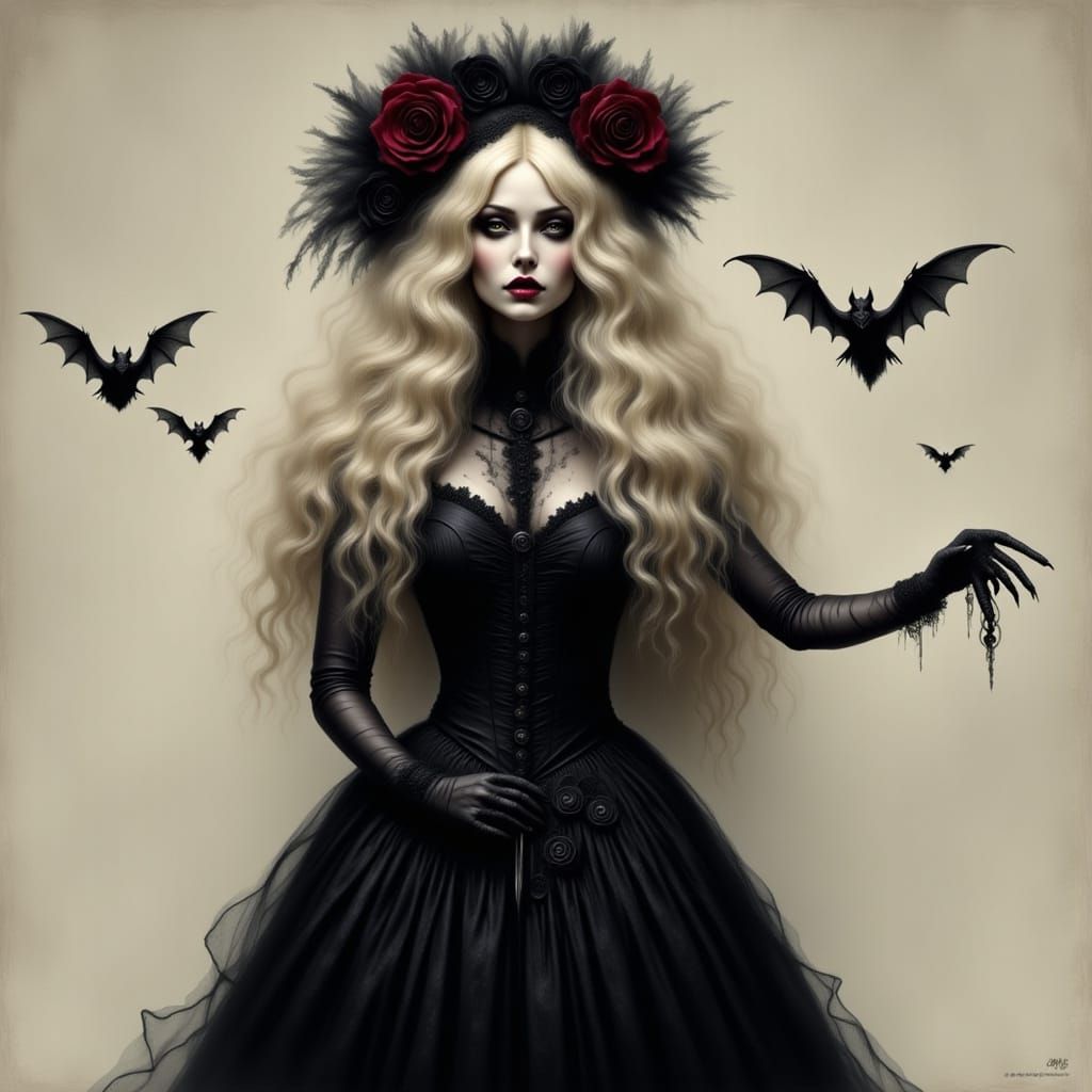 Elegant Woman with Bats in Surreal Portrait Style