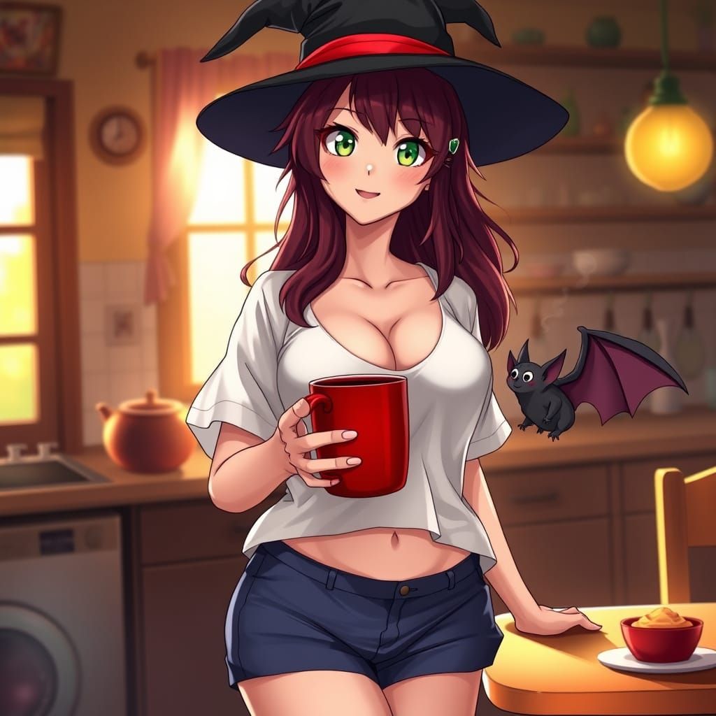 Anime Woman in Morning Kitchen with Coffee and Bat