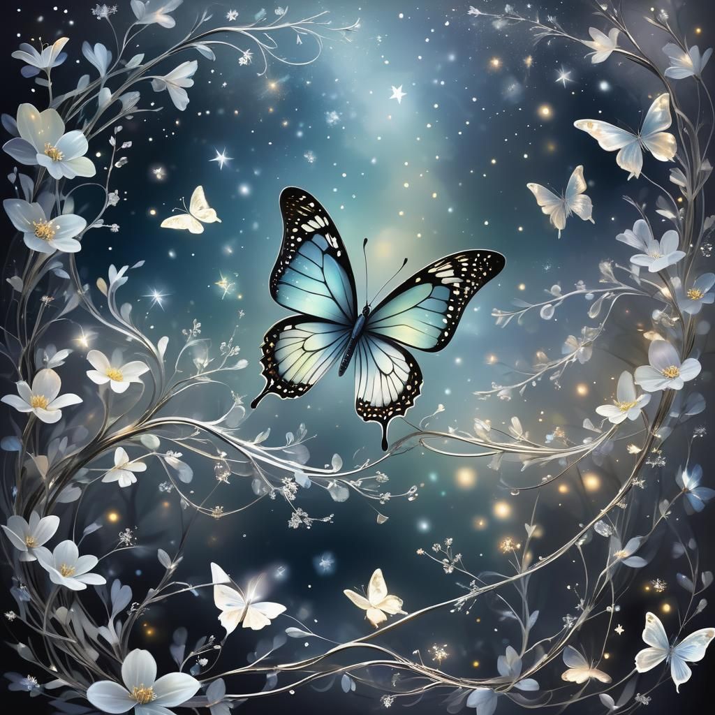 Ethereal Butterfly with Iridescent Flowers and Stars