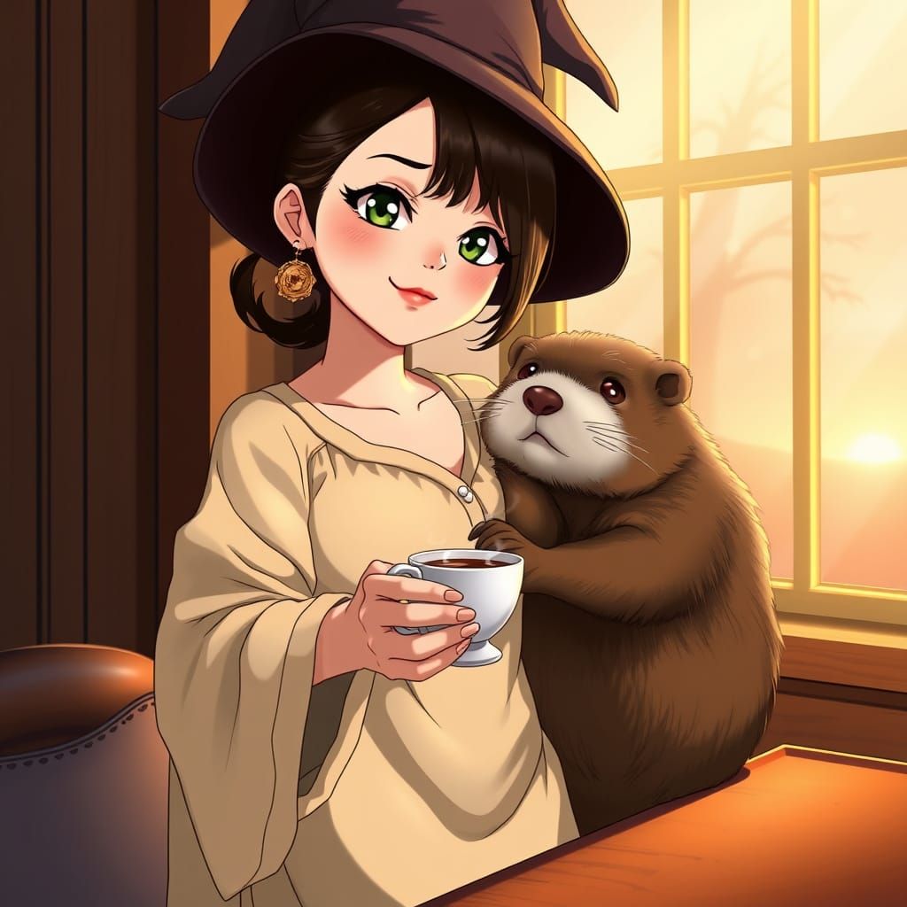 Anime Woman with Curvy Figure and Marmot in Whimsical Settin...