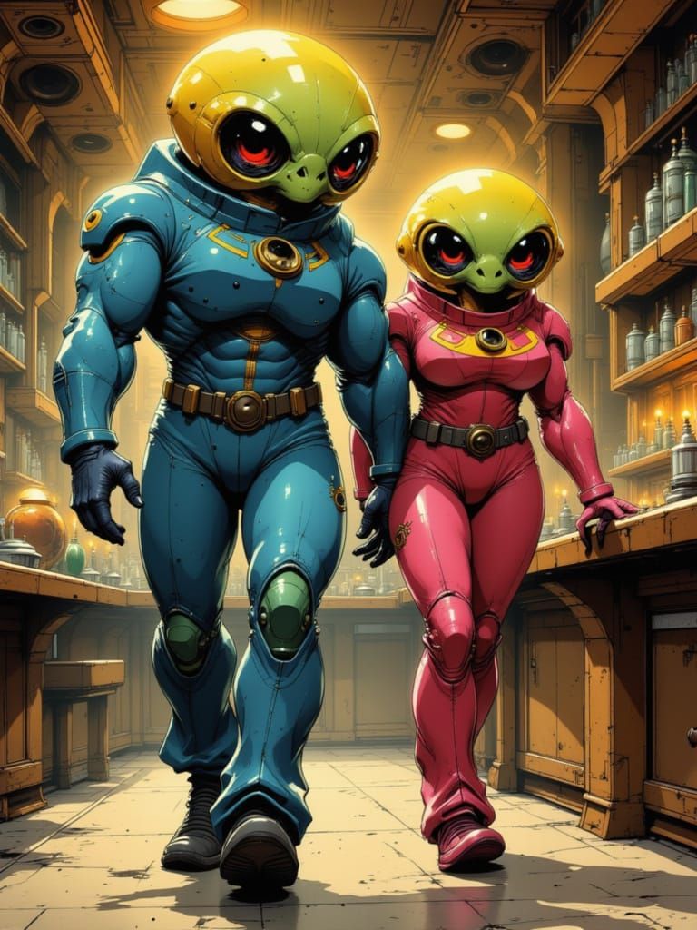 Alien Couple in Futuristic Spaceship Nightclub