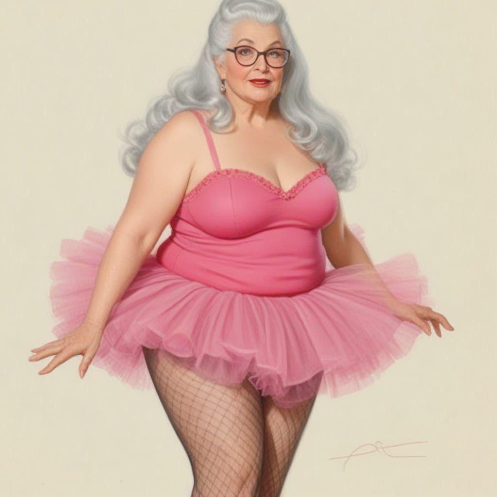 Elderly Woman in Pink Tutu, Pin-Up Style