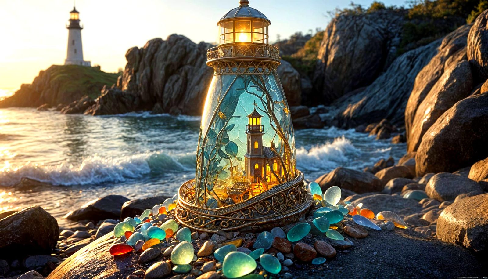 Glowing Sea Glass Lighthouse in Golden October