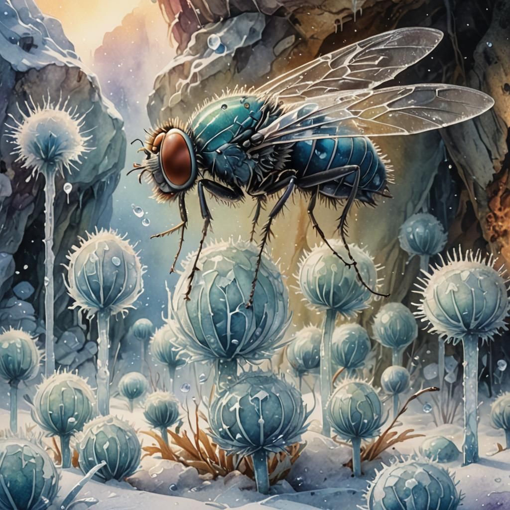 Fly Feast in Icy Cave: Vibrant Watercolor Close-Up