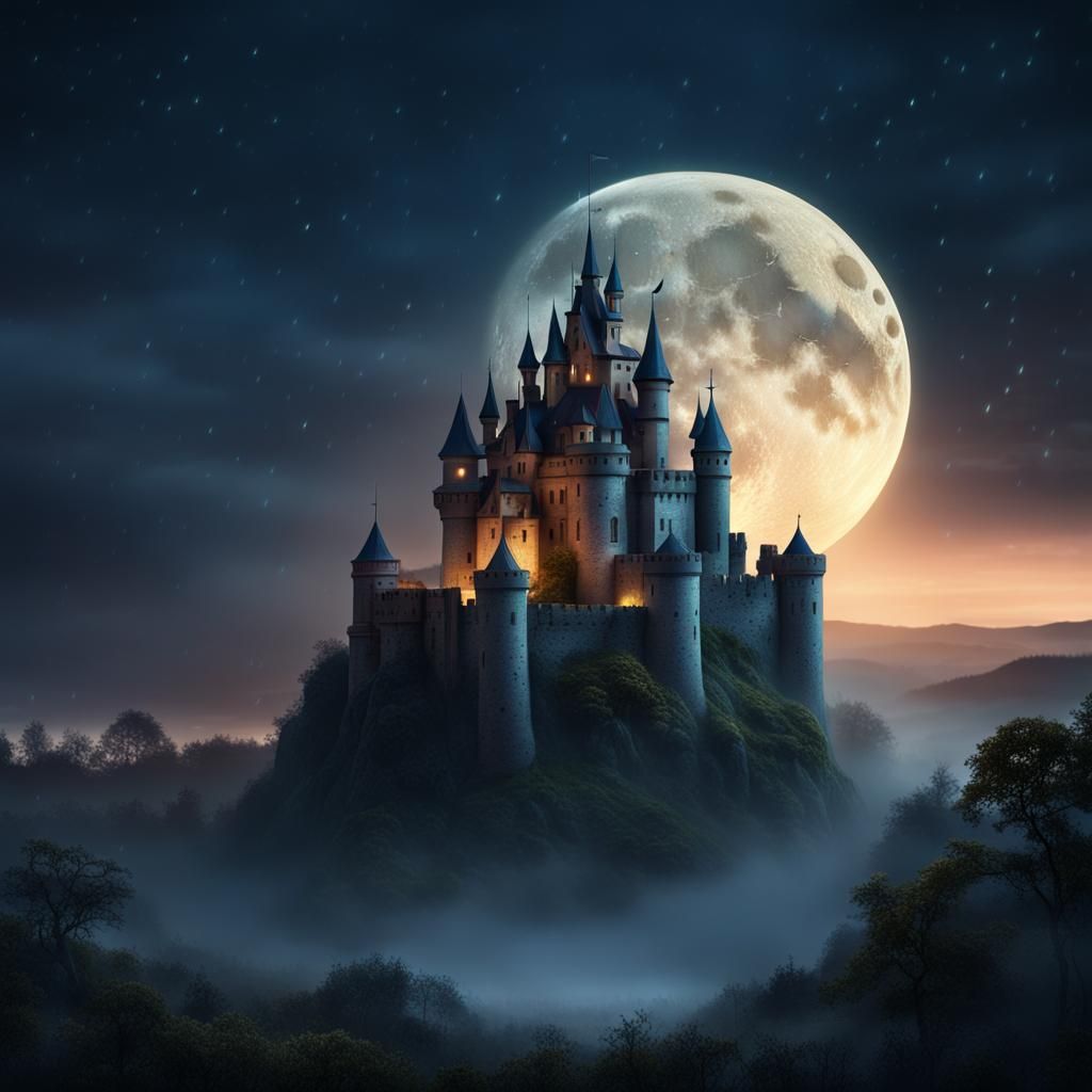 Mysterious Castle on Hill at Night in Detailed Matte Paintin...
