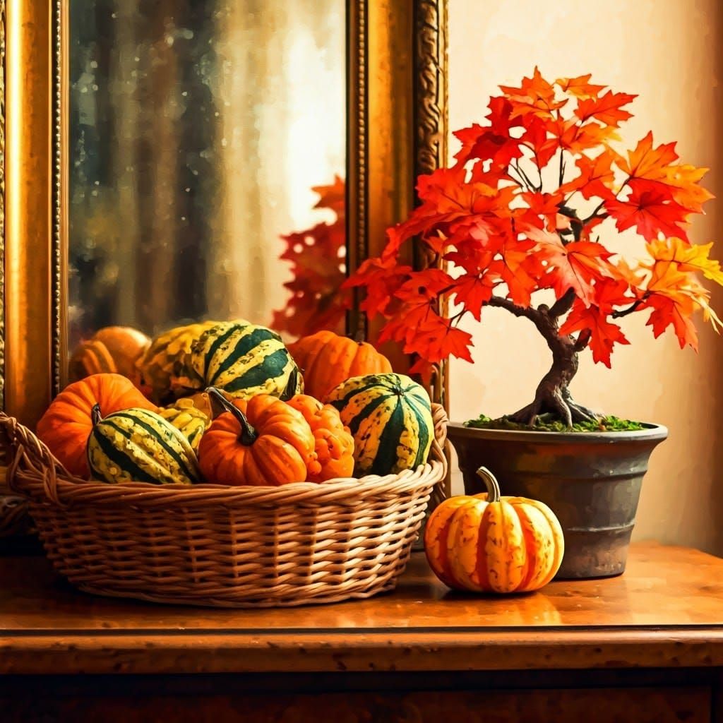 Watercolor Still Life with Gourds and Bonsai